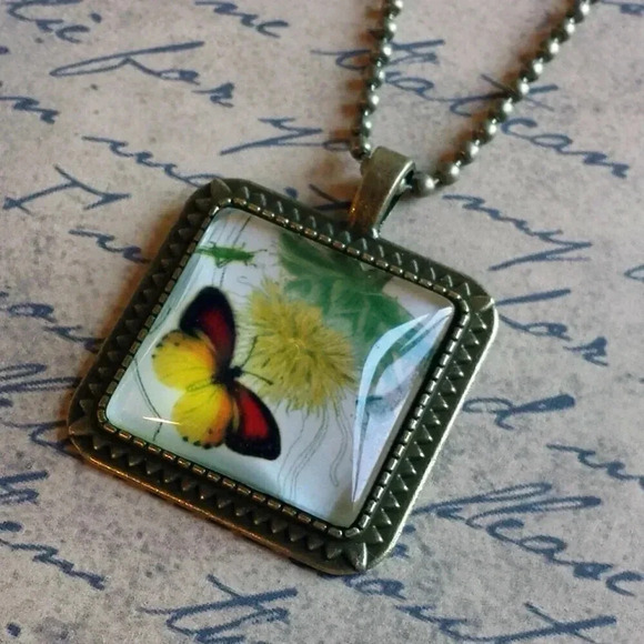 Victorian Butterflies Steampunk Square Antiqued Brass Glass 27" Long Necklace - Picture 1 of 3